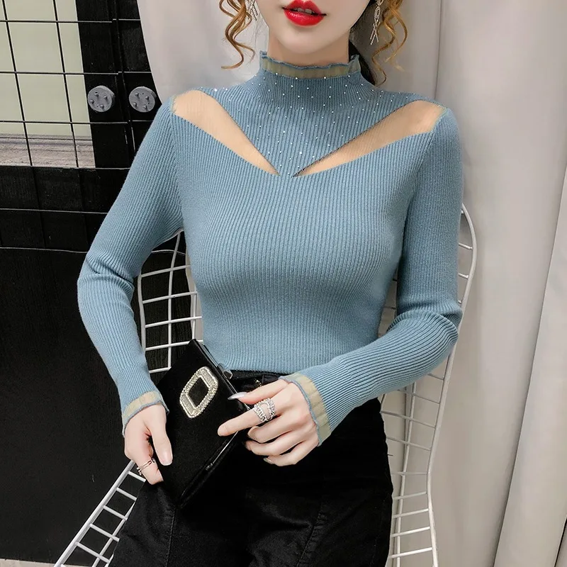 

New 2022 Autumn Winter Turtleneck Women Knitted Sweater Fashion Sexy Hot Diamond Women Pullover Solid Color Tops