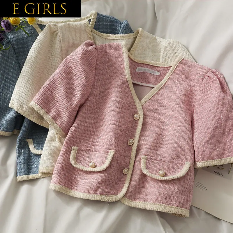 

E GIRLS Woherb Korean Vintage Women Plaid Coat Summer Short Sleeve V-neck Tweed Jackets Chic Ladies Fashion Jacket Tops Femme