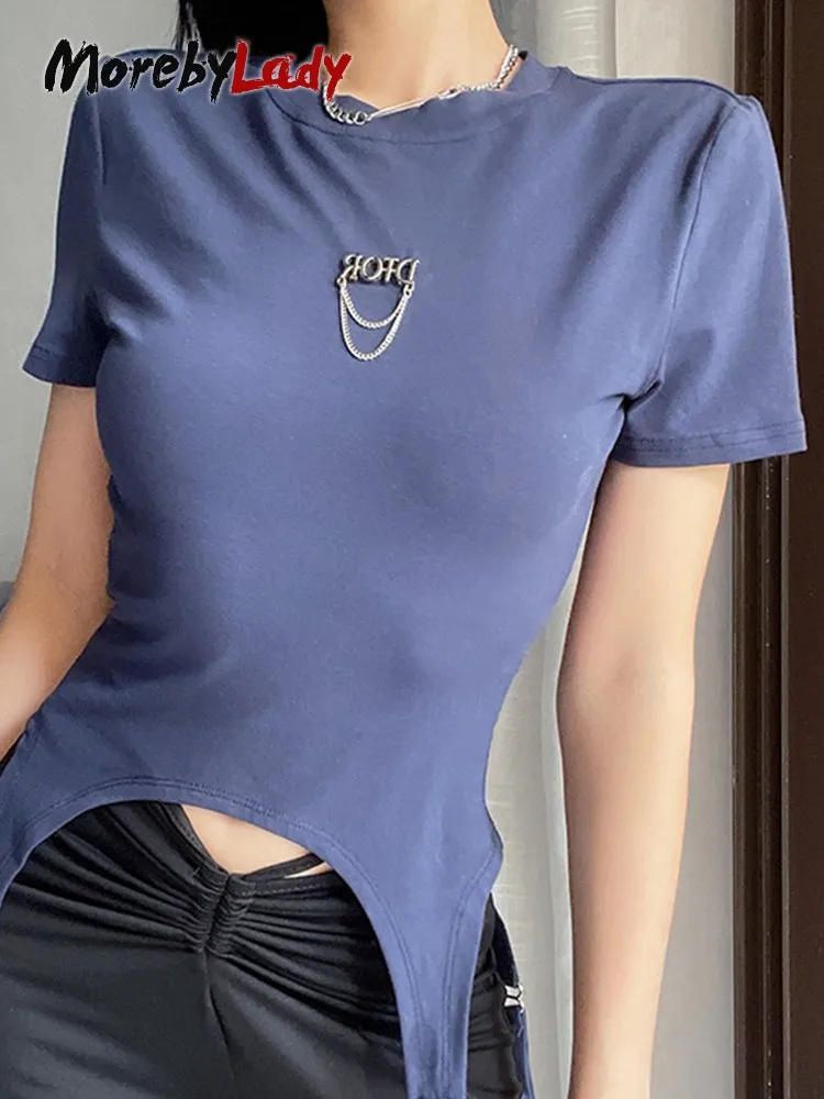 

Винтажная Футболка Morebylady, женский короткий топ с коротким рукавом в стиле панк, синяя уличная одежда, футболки в Корейском стиле, женская футболка, лето