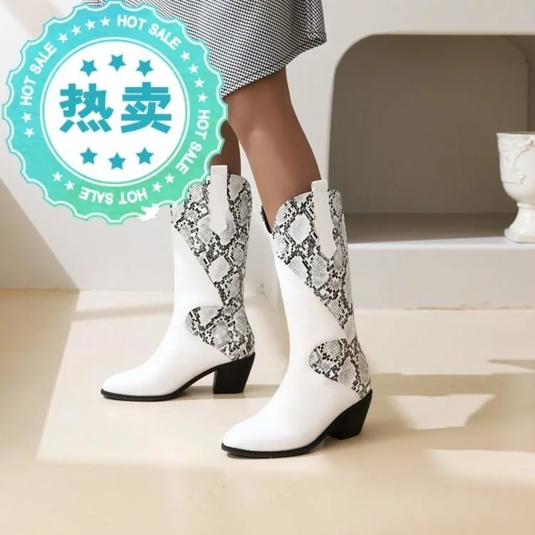 

01 осенне-зимние новые сапоги женские средние сапоги ретро сшитые змеиным узором ковбойские сапоги большие рыцарские сапоги в европейском и...