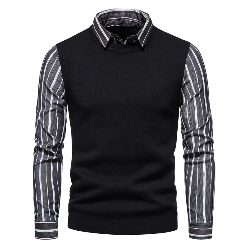 

Autumn and Winter New Men's Fashion Shirt Collar Personality Striped Fake Two-piece Pullover Sweater Slim Long-sleeved Coat