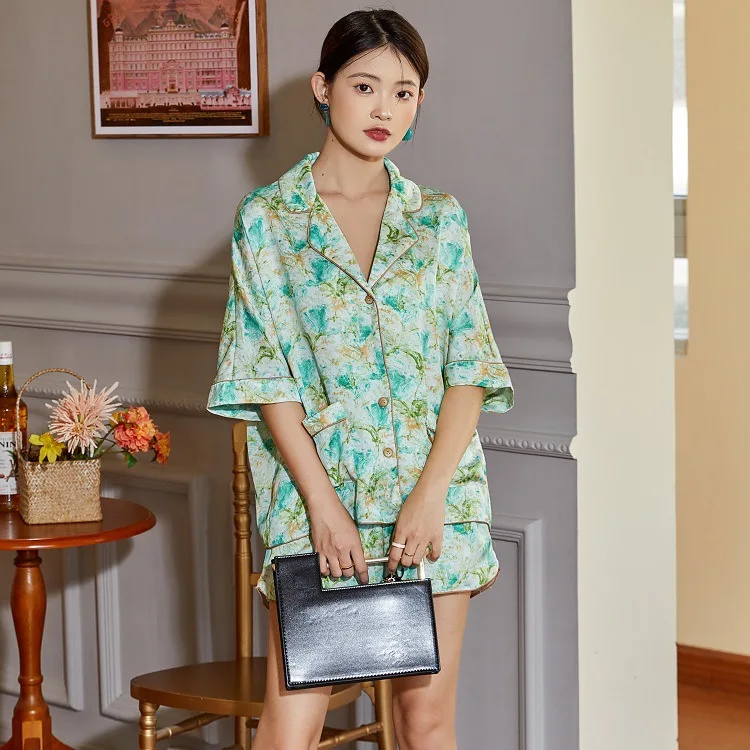 pajamas women's printed short-sleeved shorts suit high-quality two piece set summer silk sleepwear set