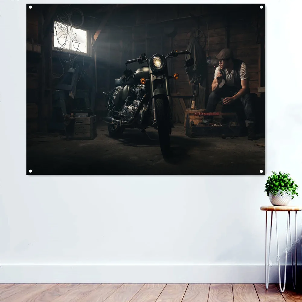 

Biker Smoking Garage Motorcycle Wall Art Posters Prints Banner Flag Painting for Men Cave Teen Boys Room Decor Mural Tapestry