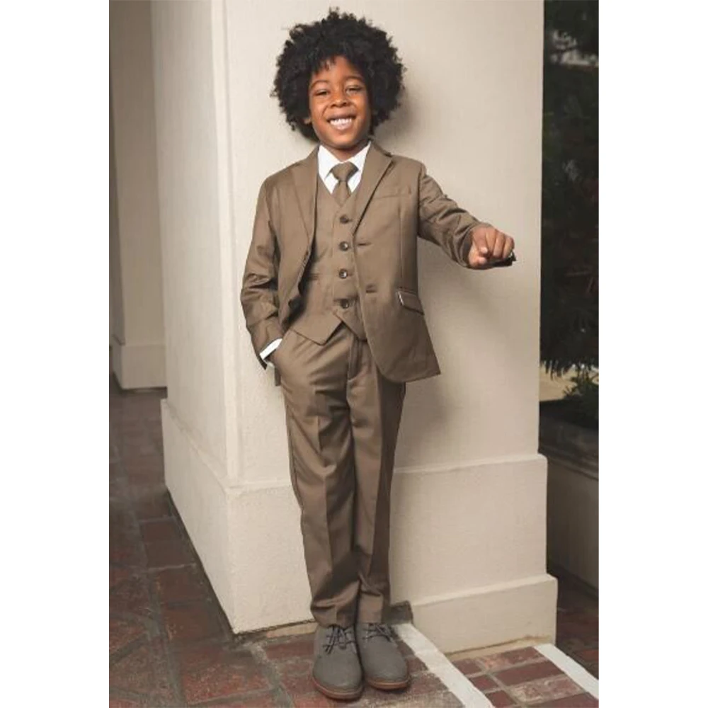Boy's Wedding Suit Brown 3 Piece Single Breasted Blazer Vest Pants Prom Dress Sets Kids Tuxedo High Quality Clothes Custom Made