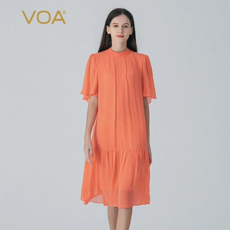 

(Fans Exclusive Discount) VOA Georgette Silk Orange Half High Collar Short Sleeve Loose High Quality Pleated Midi Dress AE1895