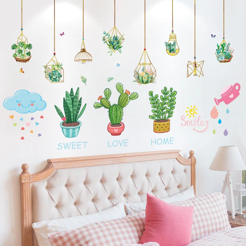 

[shijuekongjian] Green Potted Wall Stickers DIY Succulents Plants Wall Decals for Living Room Bedroom Kitchen House Decoration