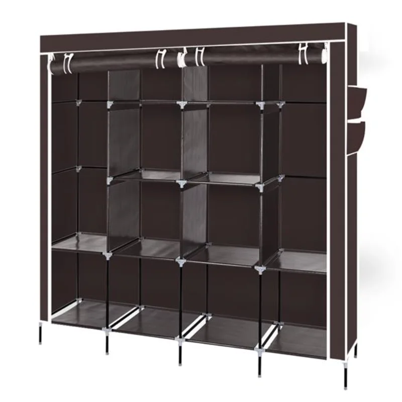 

67" Clothes Closet Portable Wardrobe Clothes Storage Rack 12 Shelves 4 Side Pockets Dark Brown [US Stock]