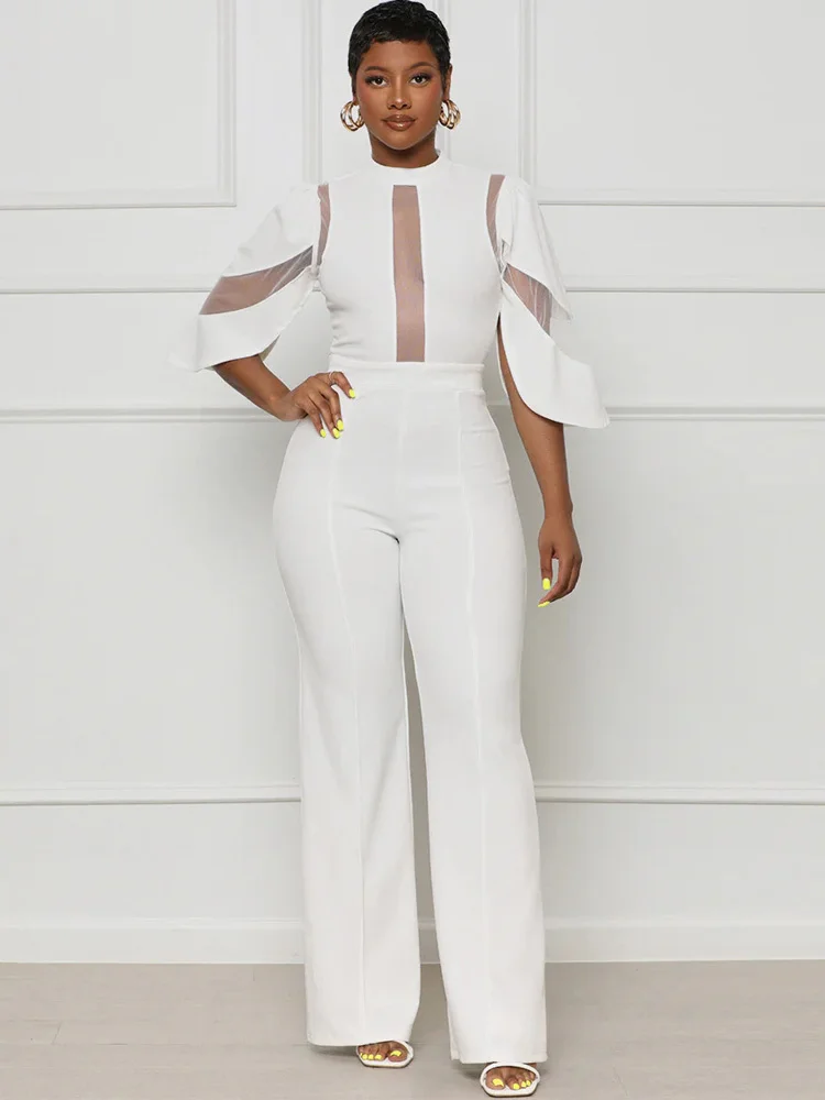 

Женский сетчатый комбинезон Zoctuo, белый сексуальный комбинезон с расклешенными рукавами, прозрачная панель, новинка 2023, летняя юбка для клуба