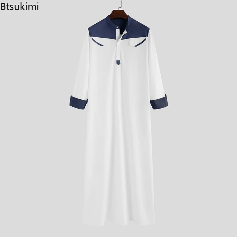 Muslim Men's Abayas Comfortable Men Kaftan Long Sleeve Contrast Color Muslim Clothing Mandarin Neck Muslim Robe for Middle East