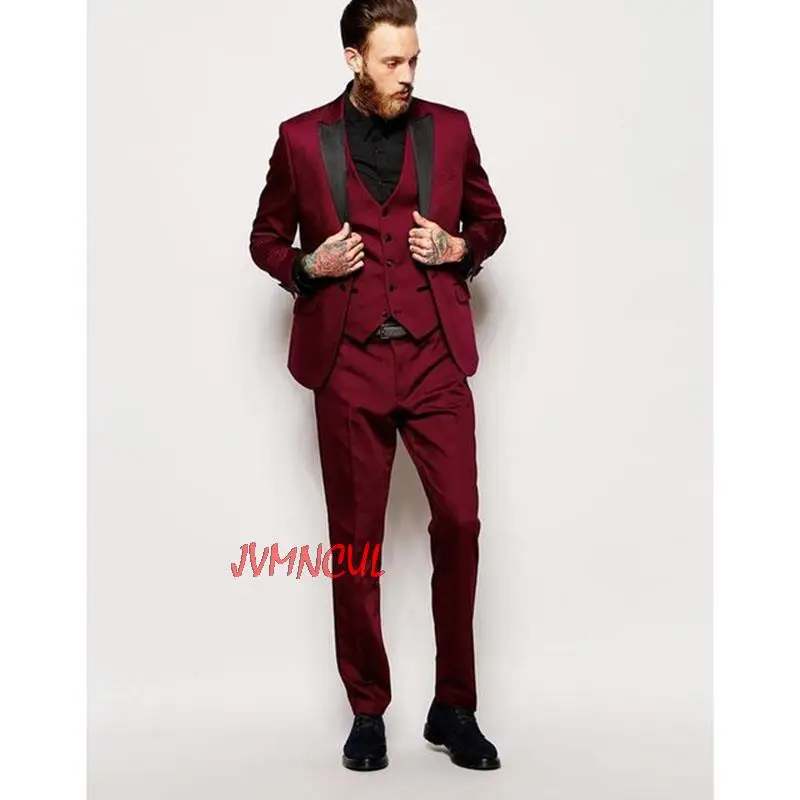 

2022 Latest Coat Pant Designs Burgundy Men Suit Slim Fit 3 Pieces Tuxedo Custom mens suits Groom Party Blazer Terno Masuclino