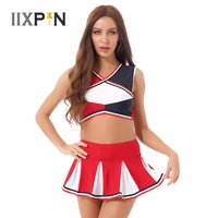women color block cheerleading outfit cosplay costume v neck sleeveless tank crop top with pleated skirt set cheerleader uniform