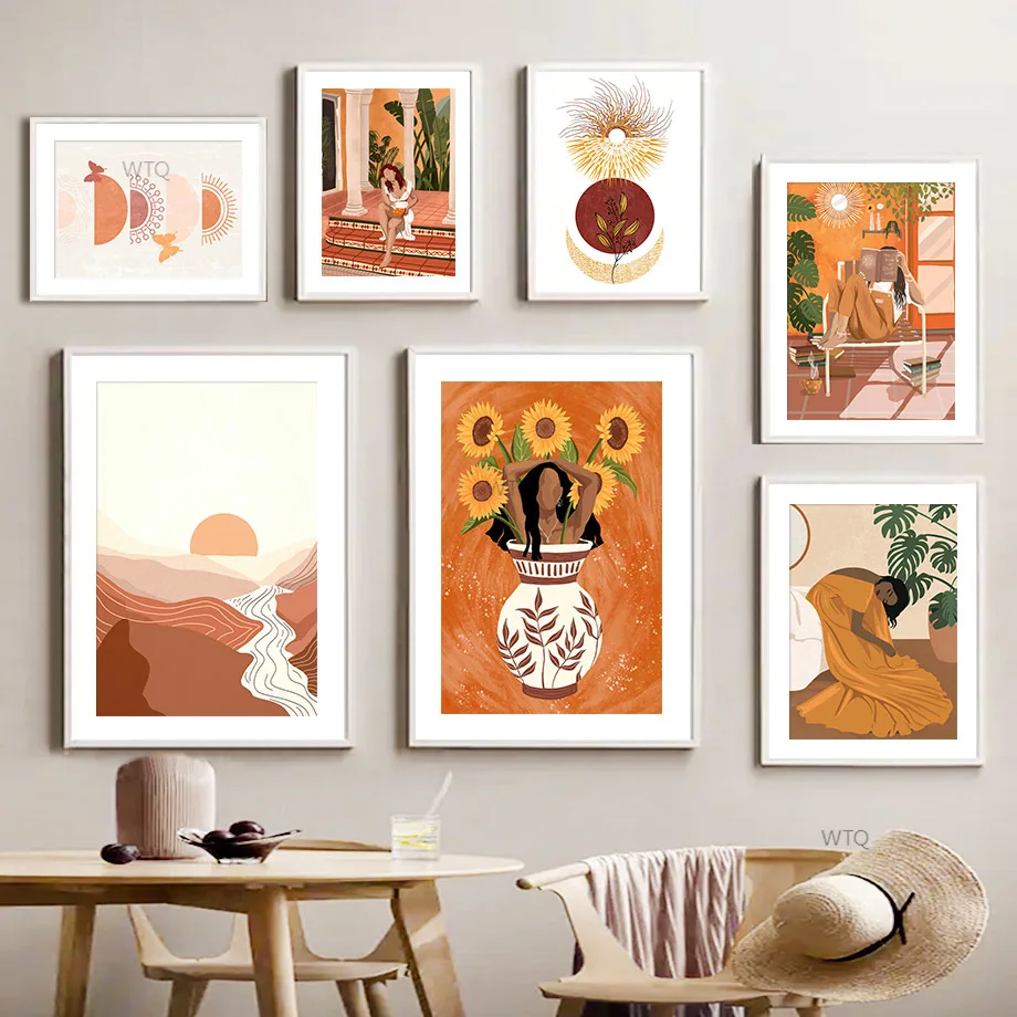 

Sun Moon Girl Flower Plant Abstract Landscape Art Canvas Painting Nordic Posters And Prints Wall Pictures For Living Room Decor