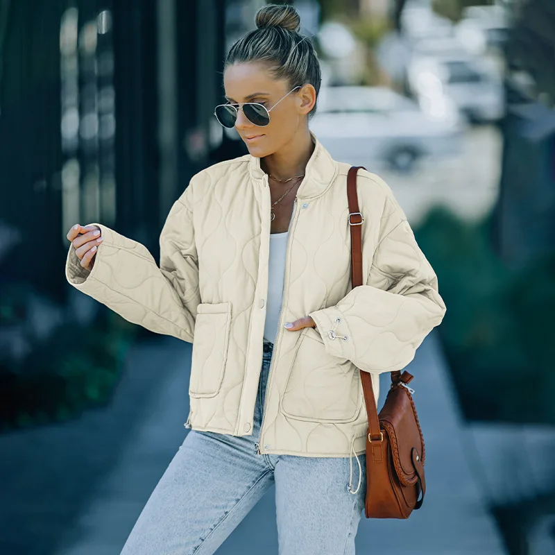 2022 Women's Clothing Solid Color Cotton Clothing Female Winter New Zipper Stand-Up Collar Pocket Jacket Tops Female