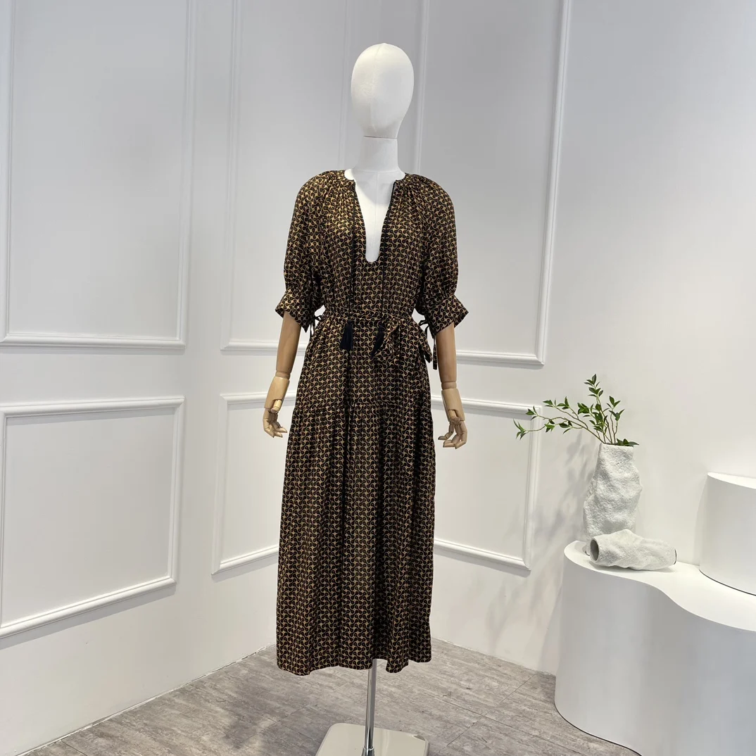 

Unique Design Women Clothing Casual Style High Quality Half Sleeves Print Lace-up Midi Summer Dress