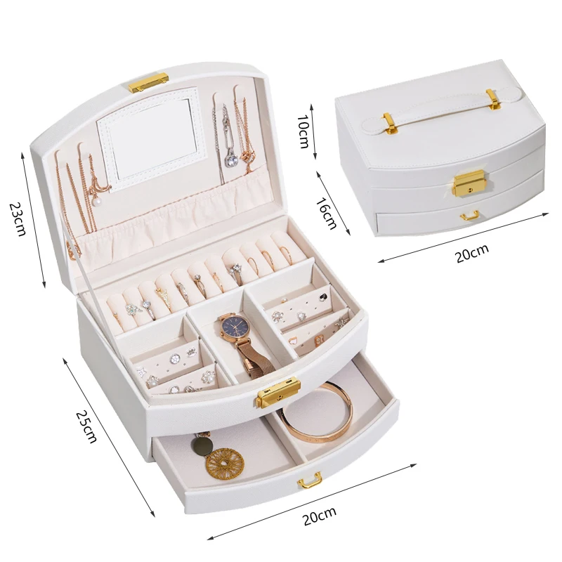 Jewelry Box Ring Necklace Earring Organizer Storage Cases PU Leather 2 Layer Mirrored Drawer Jewellery Gift For Women Girls