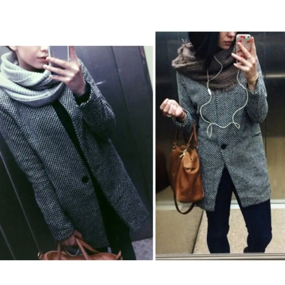 

Beautiful Coat Grey Plaid Coat Long Sleeve Woolen Single Button Coat with Pocket Slim Fit
