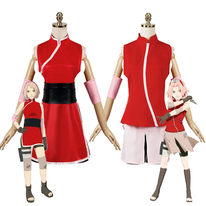 

Аниме для Haruno Sakura Косплей костюмы женские ниндзя Хэллоуин женский полный комплект одежды костюм парик одежда для представлений