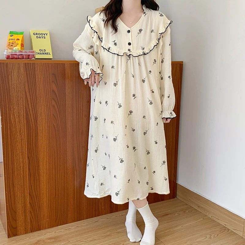 Muslin Pregnancy and Maternity Clothes for Breastfeeding Nightdress Nursing Pajamas Pregnant Clothing Sleepwear