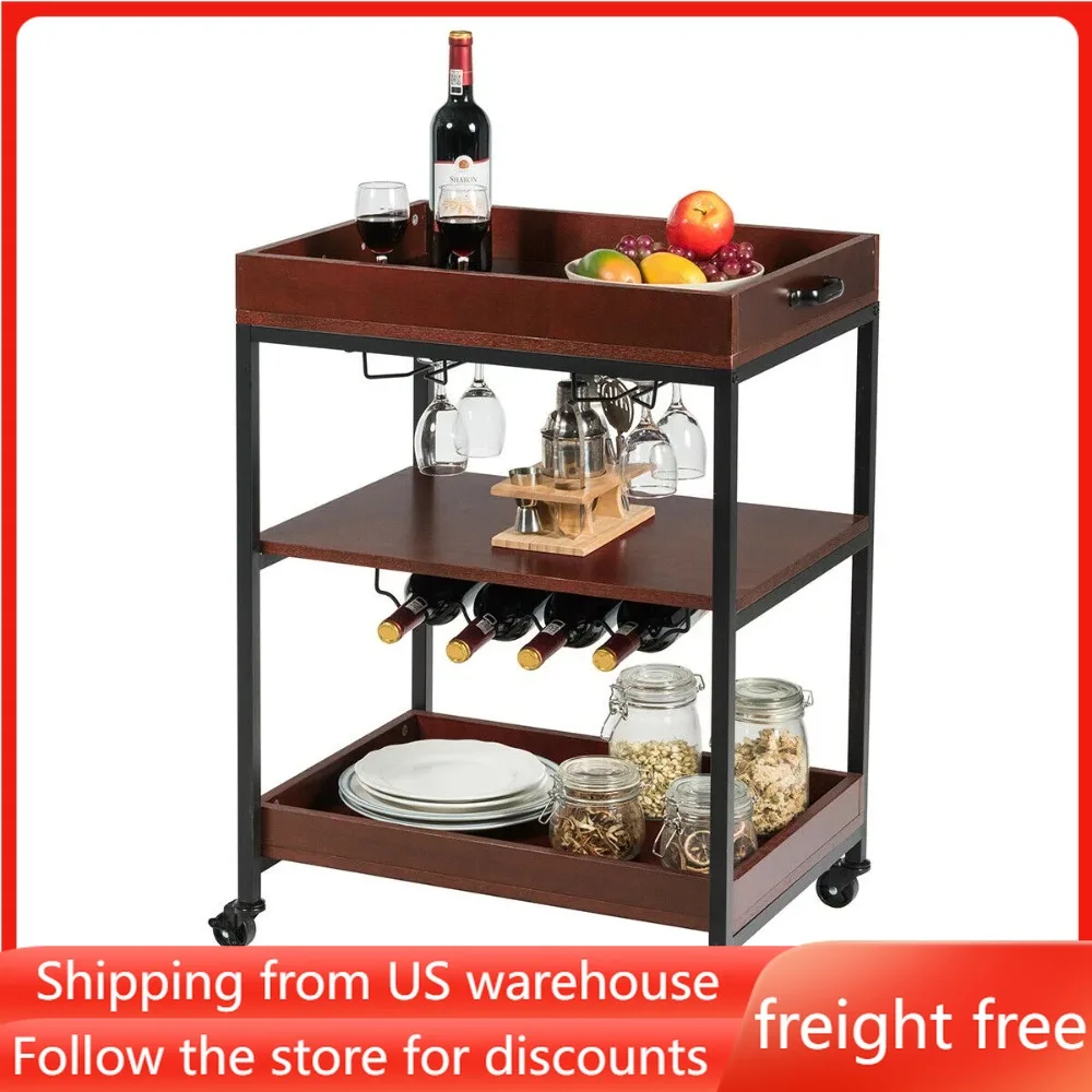 

Free Shipping Storage Trolley Cart 3 Tier Trolley Cart Kitchen Island Bar Cart With Glass Holder & Wine Rack Restaurant Furiture