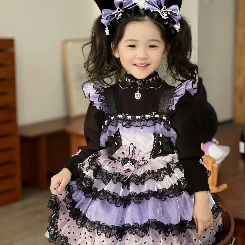 

Платье Sanrio Kawaii Kuromi свободное аниме осеннее детское платье принцессы Лолиты тканевая кружевная юбка подарок на день рождения для детей ко Дню Всех Святых