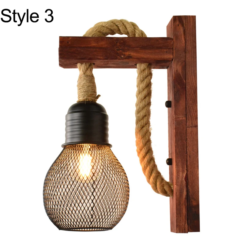 Simple Single Head Wooden Solid Wood Frame Wall Lights Creative Hemp Rope Restaurant Decorative Wall Lamp