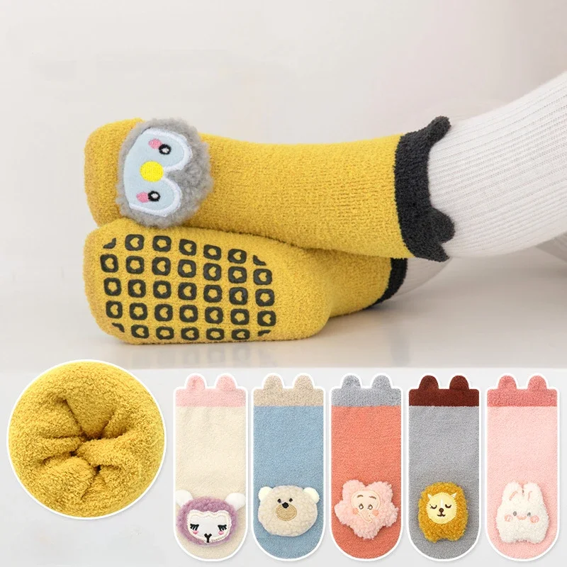 

Осенне-зимние детские носки для пола в помещении милые Мультяшные теплые коралловые флисовые утепленные нескользящие носки для новорожденных девочек и мальчиков носки для младенцев