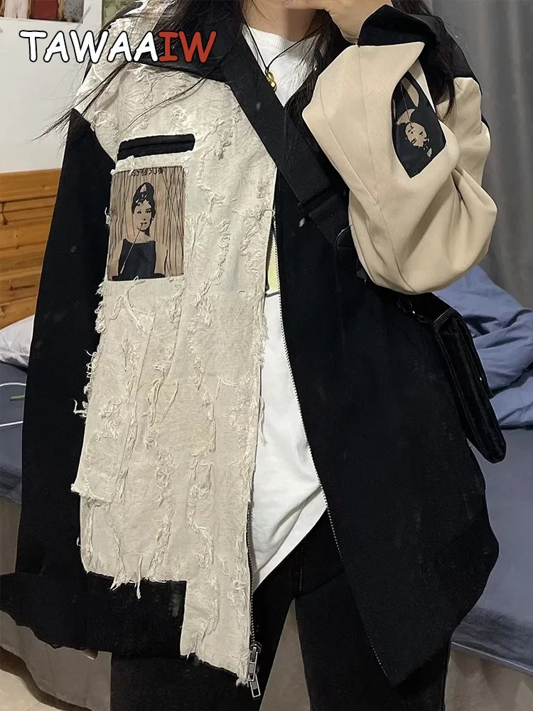 

Tawaaiw Retro Coat Women Print Streetwear Jackets Coats Casual Hip Hop Autumn Winter Coat Female Fashion Baseball Uniform 2022