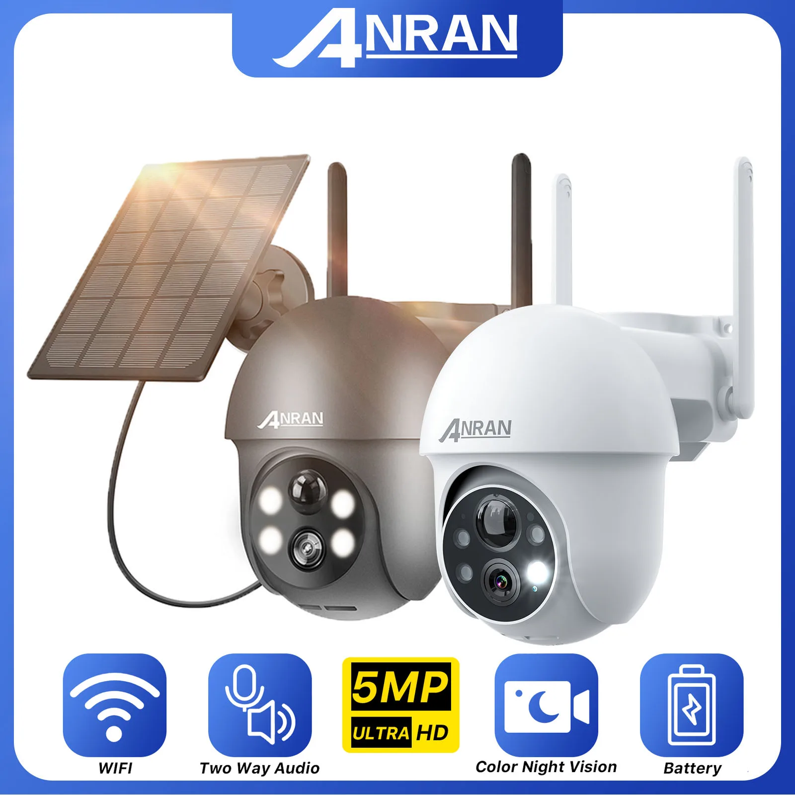 

ANRAN Q1 5MP Solar WiFi Camera 3mp 2K Outdoor Surveillance PTZ Camera 7800mAh Battery PIR Humanoid Detection Color Night Vision