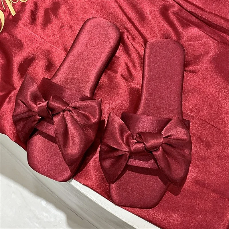 

New Fashion Satins Wedding Slippers Luxury Women Peep Toe Bedroom Home Sandals Bride Bridesmaid Wedding Shoes With Silk Bow