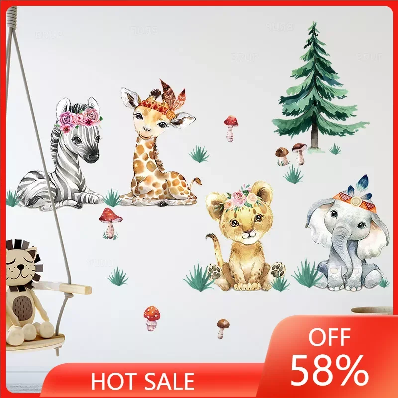 

Watercolor Cartoon Africa Animals grassland Wall Stickers for Kids Room Baby Nursery Room Decoration Elephant Giraffe Stickers