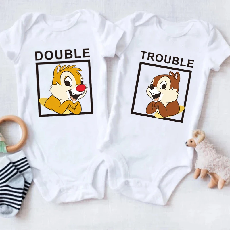 

Funny Chip and Dale Disney Baby Bodysuits Cotton Short Sleeve Double and Trouble Twins Rompers Infant Boys Girls Ropa Clothes