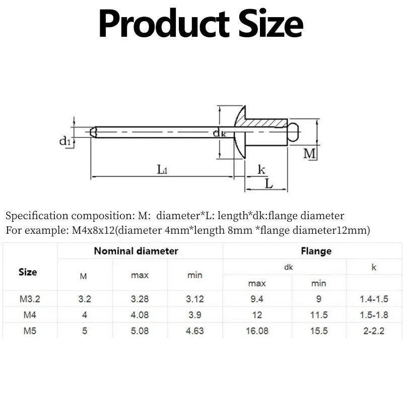 Алюминиевый Большой Фланец M3.2 M4 M5 самоподключение открытый конец поп-заклепка