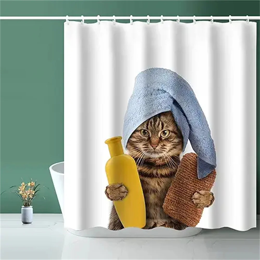 

3D Cat Shower Curtain Fabric Shower Curtain Liner Cat Blue Shower Curtain with Hook Home Hotel Bath Curtains Bathroom Waterproof