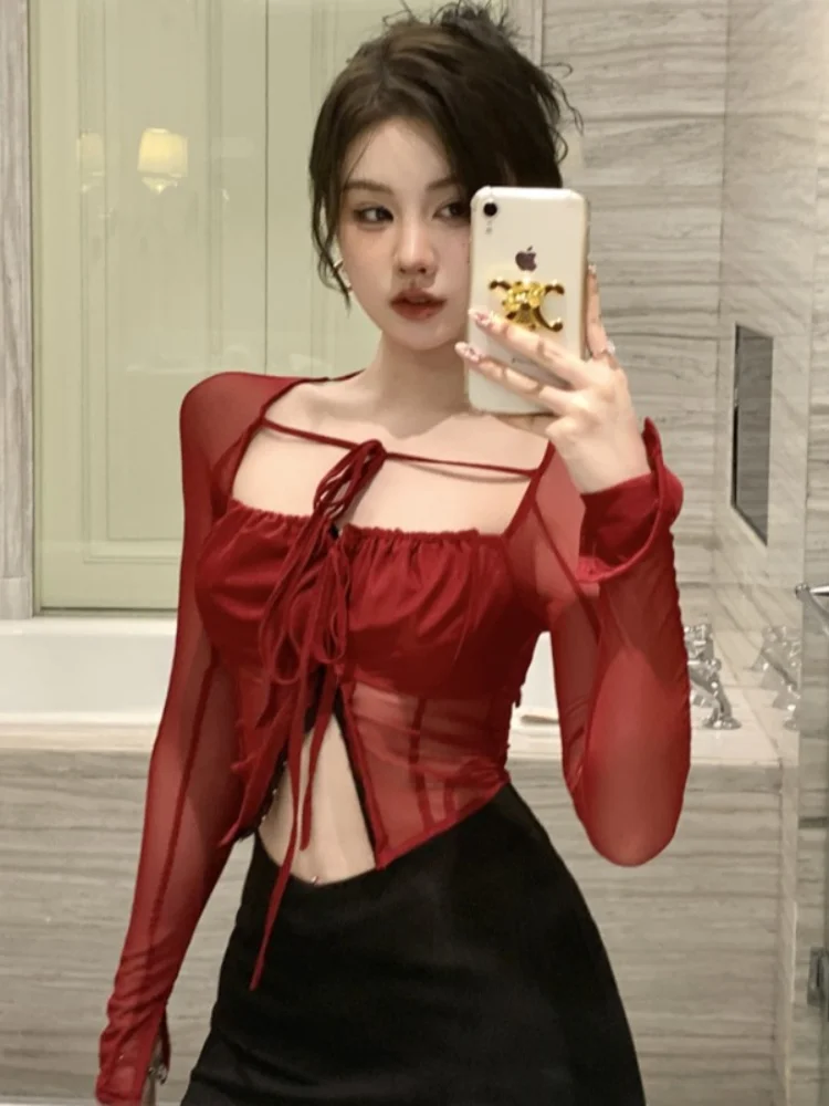 Pure Desire Tea Art Сетка Прозрачный квадратный воротник на шнуровке Сексуальная