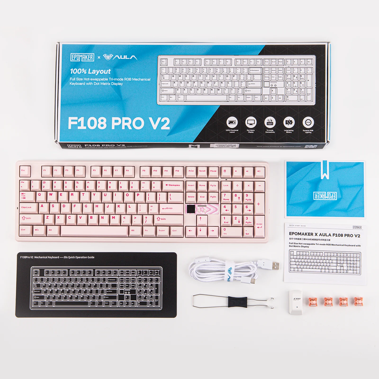 Беспроводная механическая клавиатура EPOMAKER X AULA F108 PRO V2 с 100% ANSI US раскладкой, три режима подключения, технология Creamy Gasket, пиксельный дисплей и аккумулятор 10000 мАч (art.: 3920da923340f) - 3920da923340f