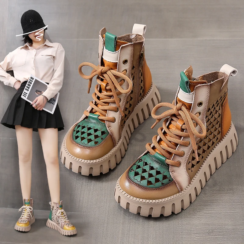 

2022 Summer New Thick-soled High-top Sandals Upper Layer Cowhide Round Toe Color-blocking Hollow Front Lace-up Thick-soled Shoes