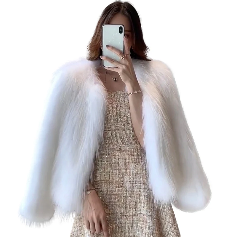 Fox Fur Grass Women's Short 2022 Winter Korean  Faux Mink Fur Mink Coat Fur Coat Luxury Elegant Lady O Neck fur Cardigan