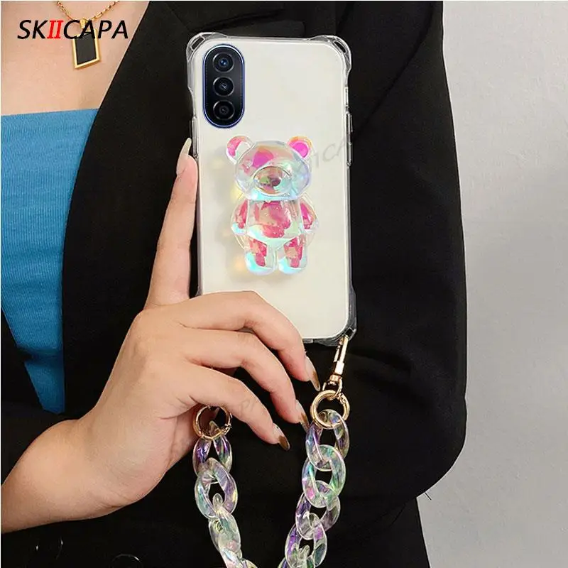for HUAWEI nova Y70 PLUS Y90 Y60 Bracelet chain transparent Silicone shookproof case 10 Pro 3D Laser Bear Holder cover |