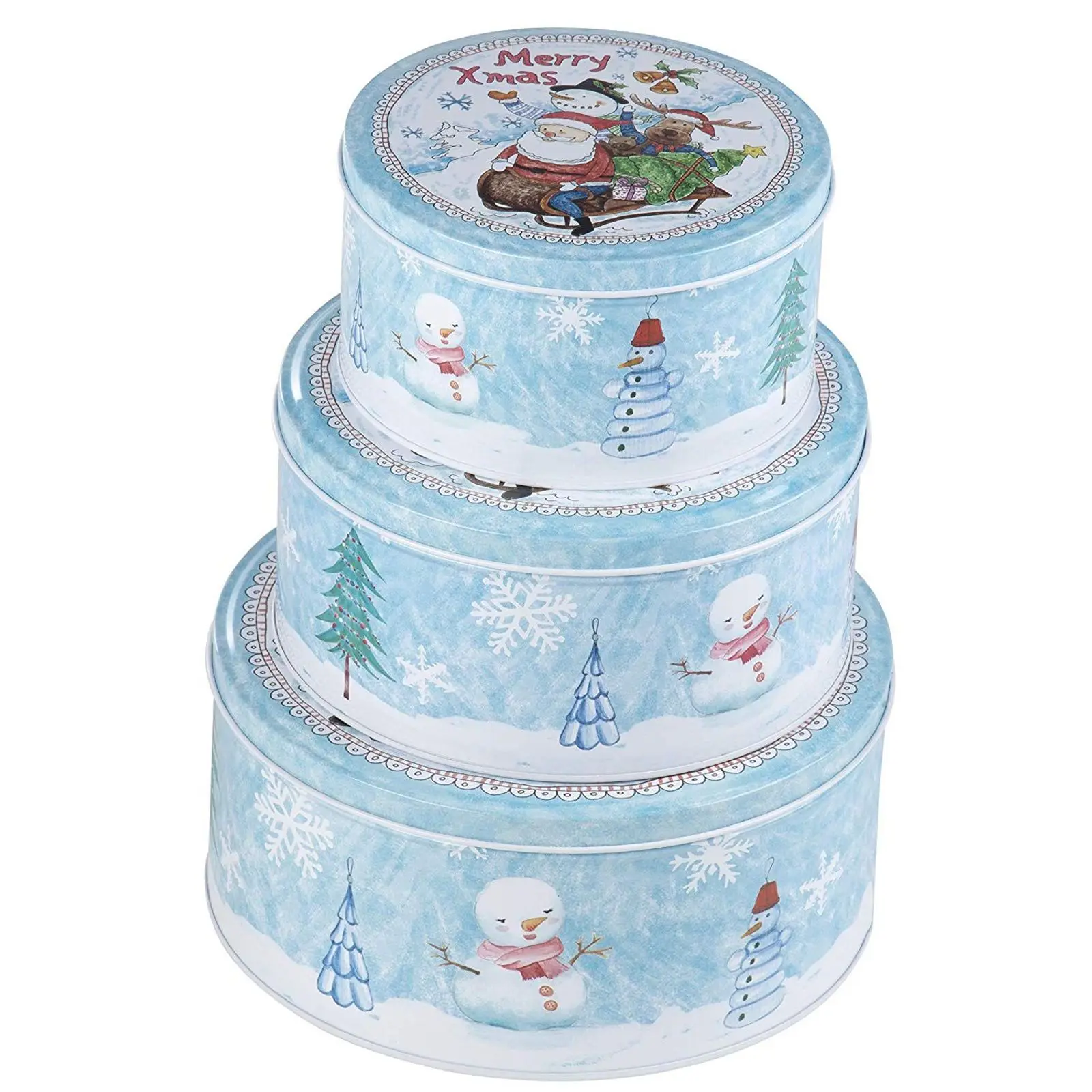 

3 Round Christmas Cookie Tins with Lids, Food Storage Container for Xmas Holiday Gift Givings, Blue & White