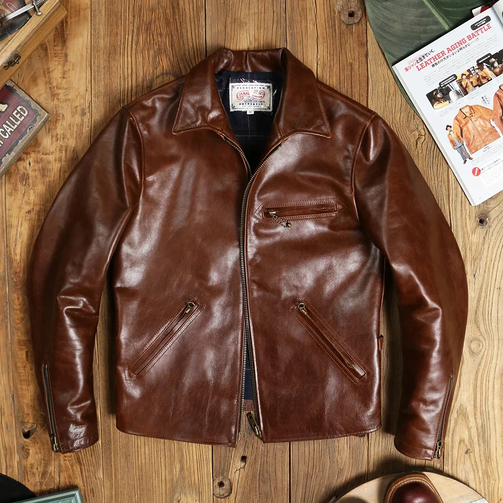 Мужская короткая приталенная куртка из натуральной воловьей кожи в стиле сафари