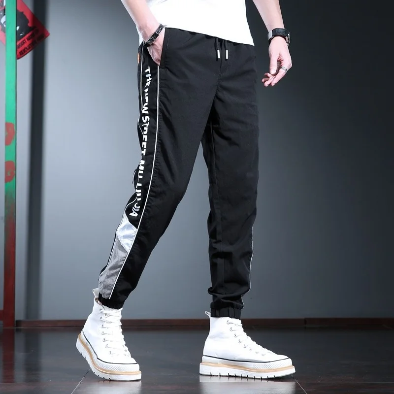 Side Fashion Stripe Sport Joggers Pants Men 2023 Summer Thin Casual Streetwear Letter Printed Black Drawstring Trousers