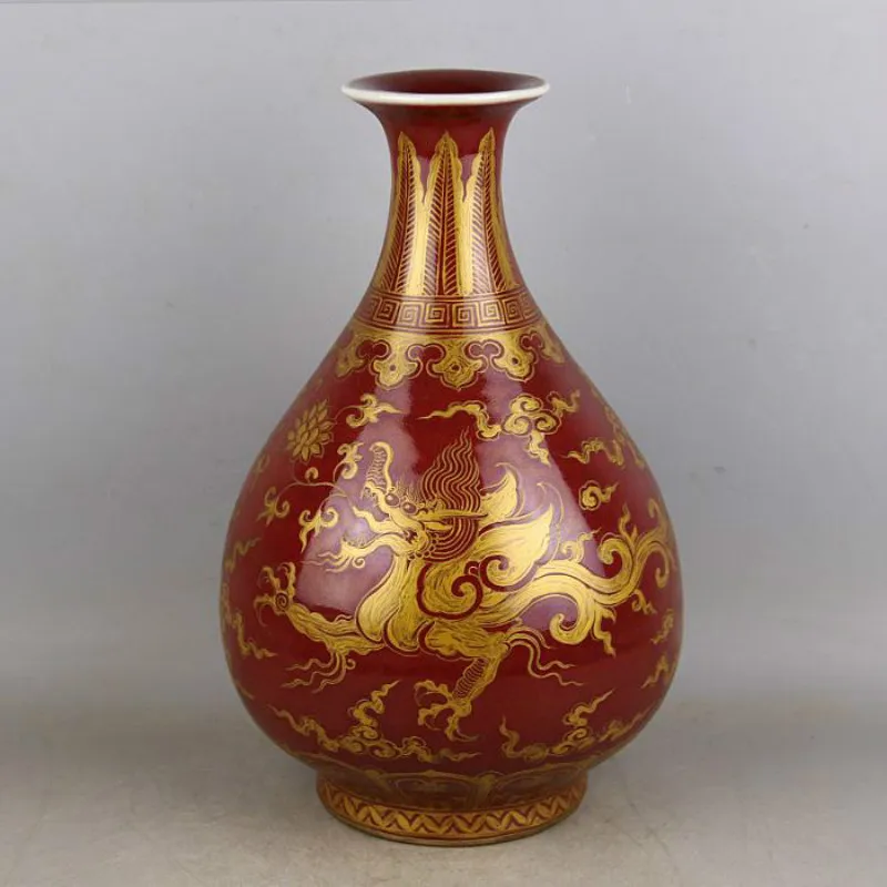 

Антикварная фарфоровая ваза Цзиндэчжэнь ручной работы, каменная керамическая ваза с Красной глазурью и золотым Драконом