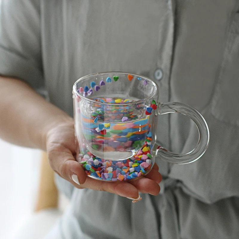 

Shining Fairy Double Layer Quicksand Water Cup Big Ear Coffee Breakfast Heat Insulation Bubble Sequin Creative Glass