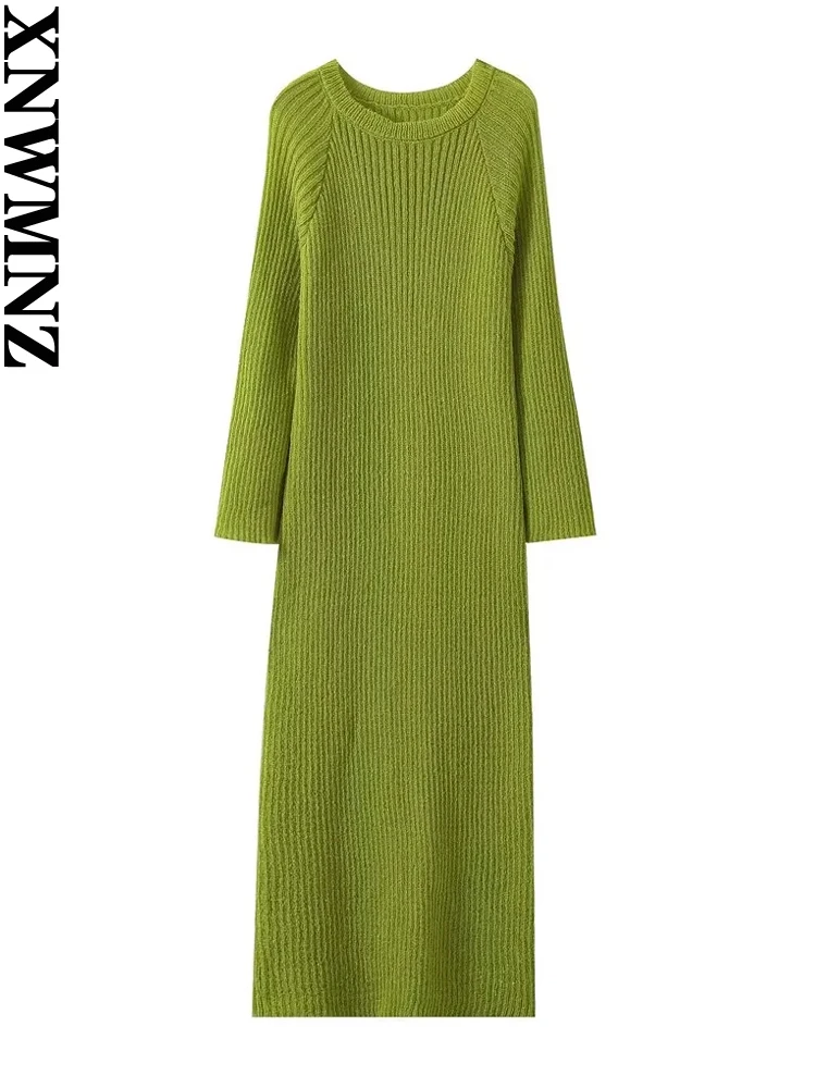 

XNWMNZ Women's Fashion 2023 O Neck Long Sleeve Knitted Dress Women Retro Slim Fit Versatile Female Midi Dresses