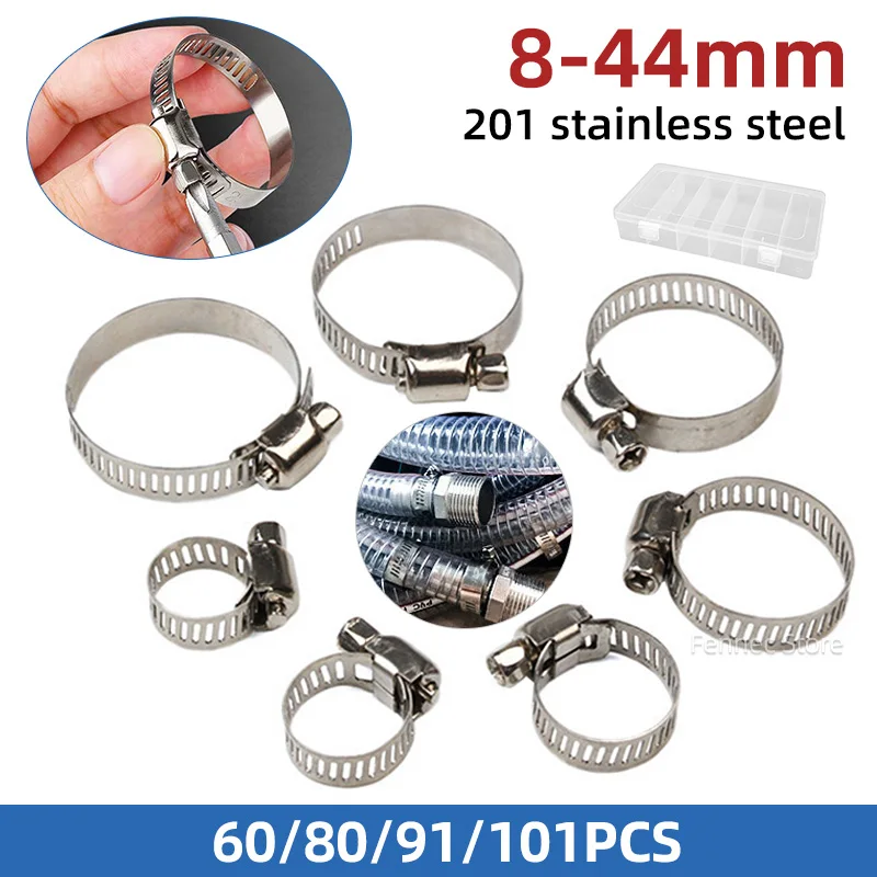 

201 Stainless Steel Hose Clamp Kit 8 To 44mm 60/80/91/101pcs Adjustable Drive Hose Clips Pipe Clamps Fuel Line Worm Size Clip