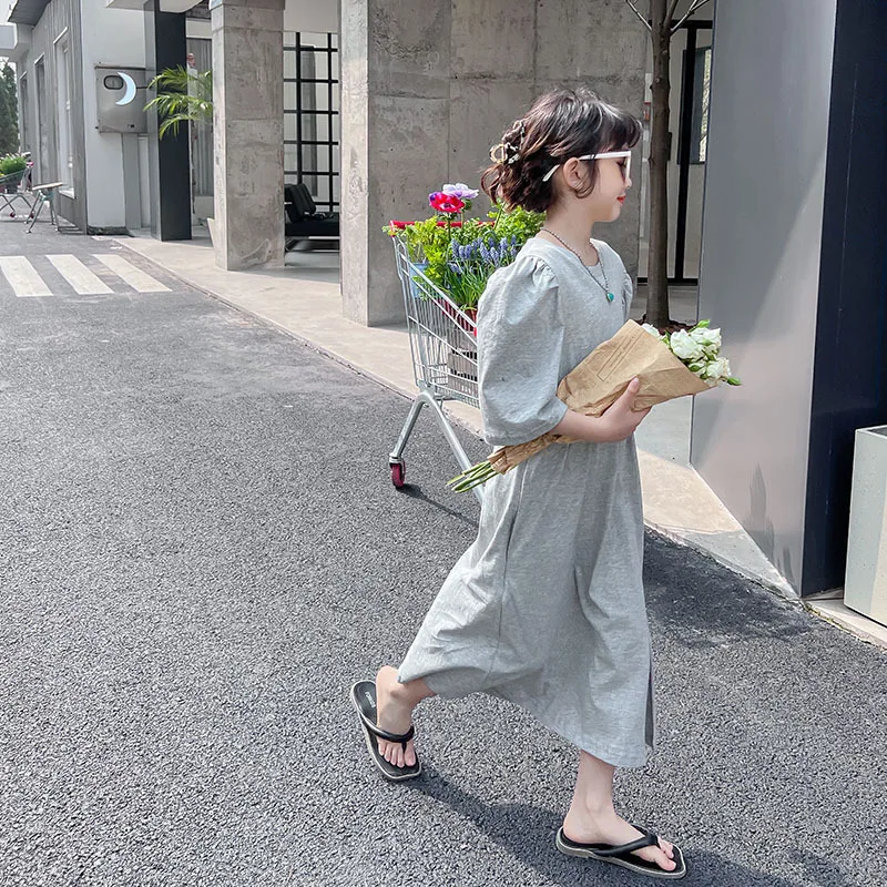 

Summer Girls Casual Dress 2022 New Puff Sleeve Grey Black Fashion Princess Dresses for Kids O-neck Teenagers Children Clothing