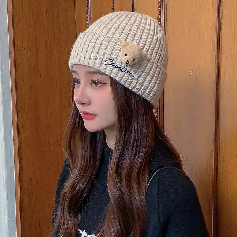 

Bear Doll Women Beanies Winter Keep Warm Knitted Hat Korean Embroidery Girls Baggy Melon Cap Soild Color Bonnet Skullcap Gorro