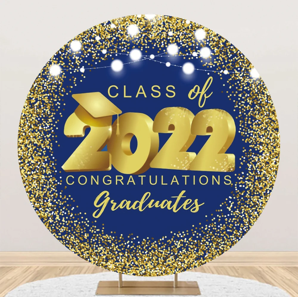 

Класс 2022 поздравления Градуированный синий круглый фон золотые точки семейная Вечеринка пользовательский текст фотографический круг фон