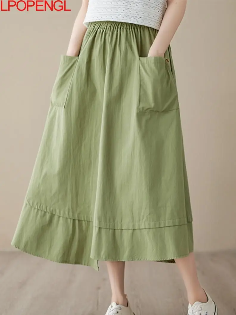 

Женская винтажная Асимметричная юбка, Повседневная Свободная трапециевидная юбка до середины икры с эластичным поясом и большими свободными карманами, в стиле пэчворк, лето