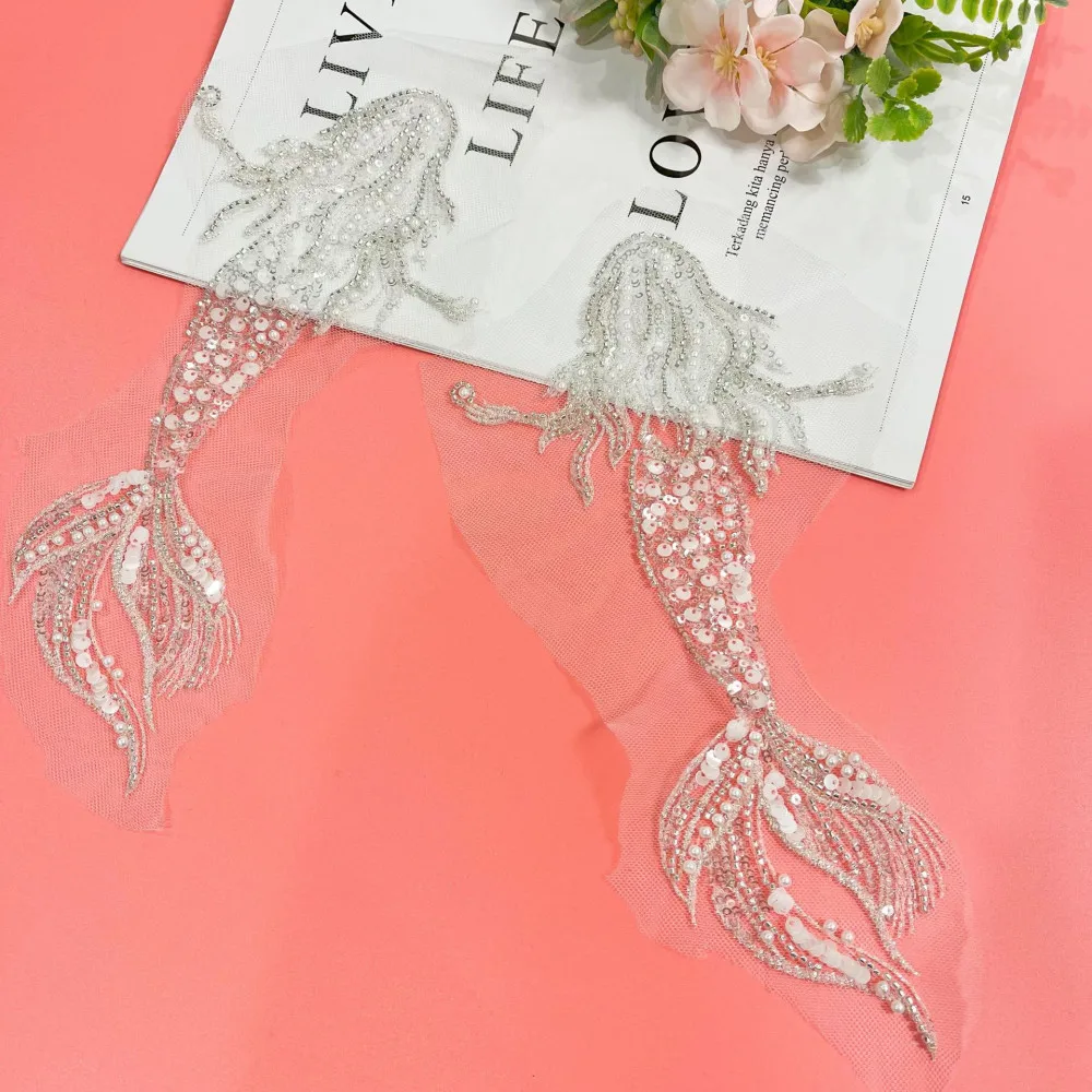 

Embroidered Patches on Clothes DIY Mermaid Lace Fabric Beads 3D Cloth Stickers Goldfish Wedding Dress Children's Clothing Patch